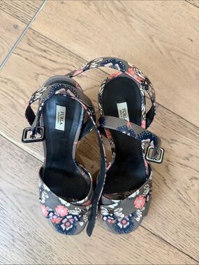 Furla Floral Strap Heels in Navy and Coral